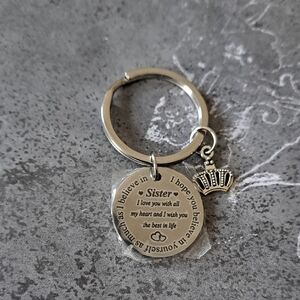 Silvertone "Sister" Keychain with Crown Charm
